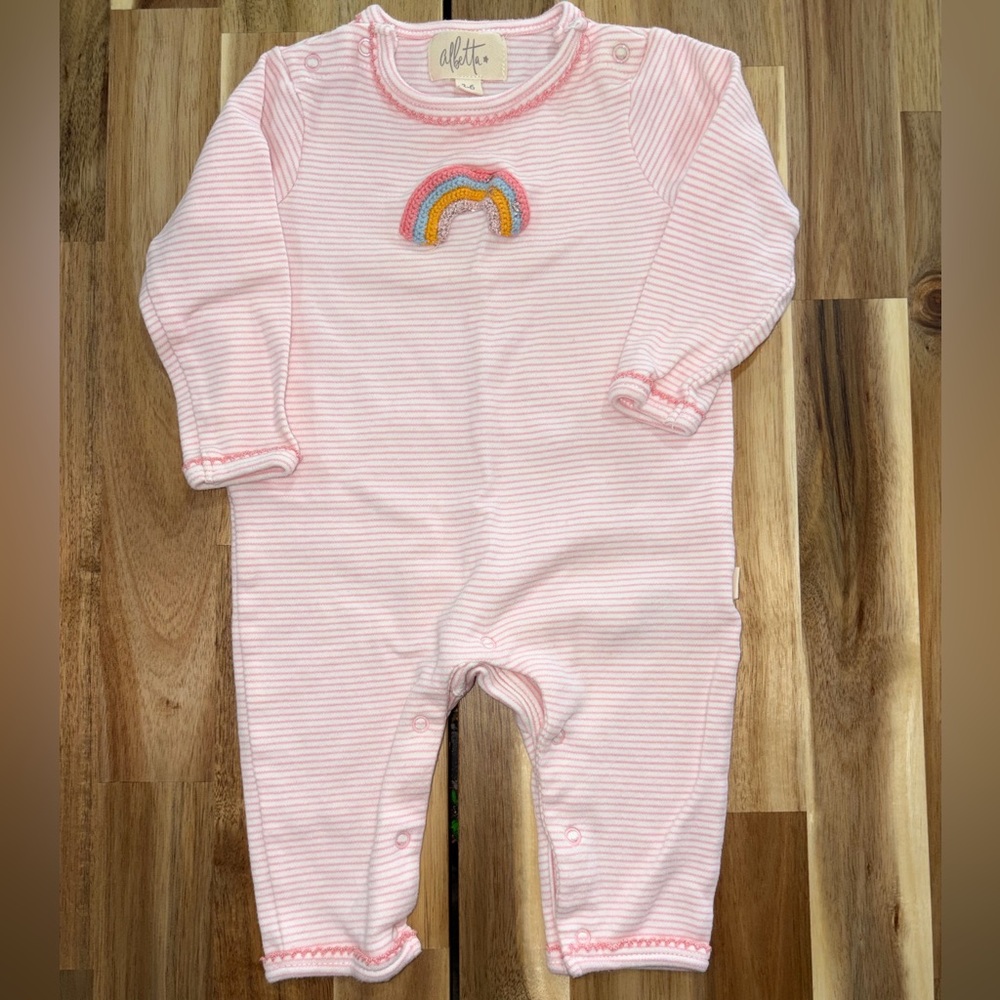 Albetta Pink Striped Baby One-Piece Rainbow Appliqué 3–6M
